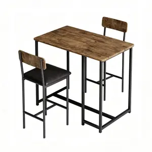 Modern 3-Piece Dining Table Set for 2 – Bar Table and Upholstered Chairs with 3 Storage Shelves – Space-Saving Breakfast Nook Bistro Furniture – Ideal for Small Apartment – Grey and Gold White