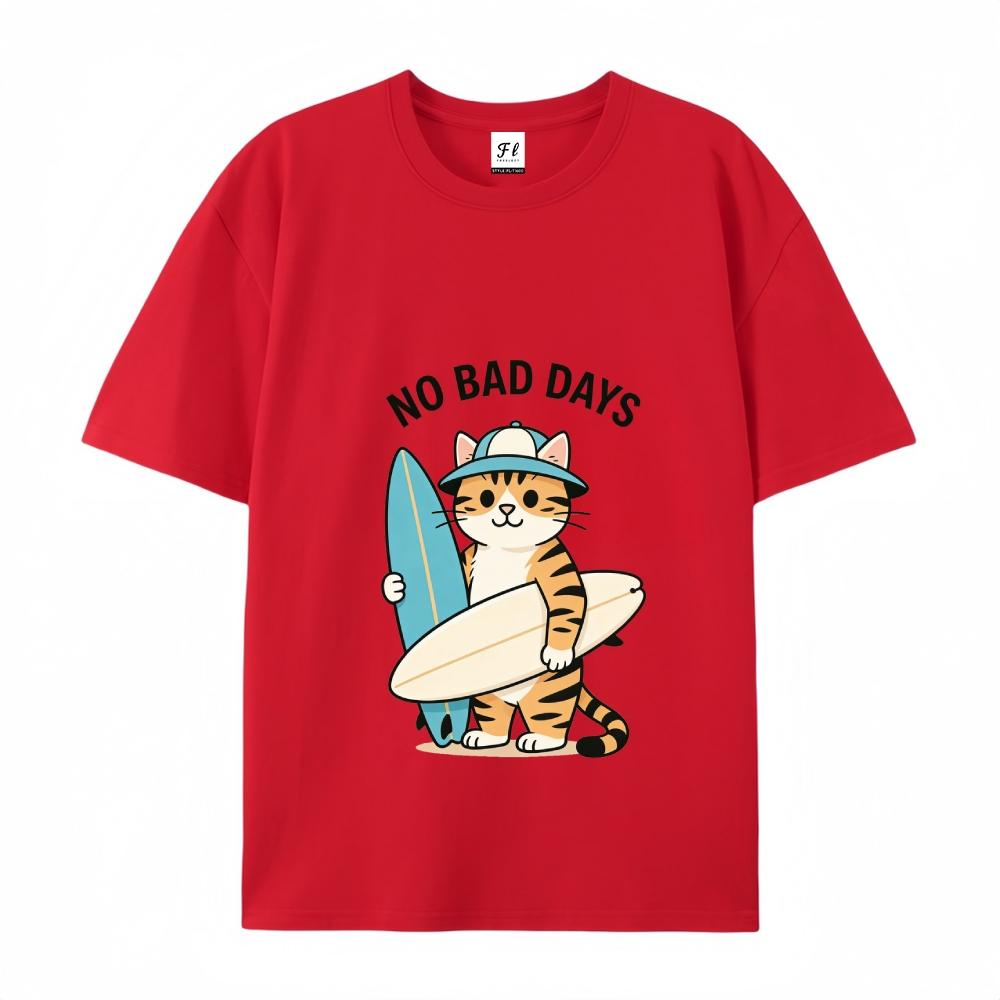 No Bad Days Surfing Cat Graphic Print Tee Oversized Short Sleeve Unisex T-Shirt with Cartoon Pattern and Drop Shoulder Design Crewneck Top Menswear