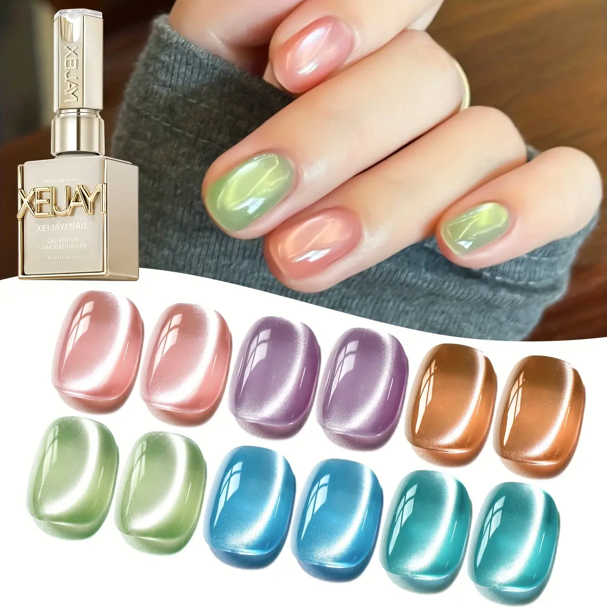 XEIJAYI Photo Frame Bottle Soft-Glow Cat Eye Gel 6 Colors Optional Ultra-Bright Nail Art Gel for Autumn Winter Salon Use Dazzling Shiny Glossy Durable Women's Nail Art Tools