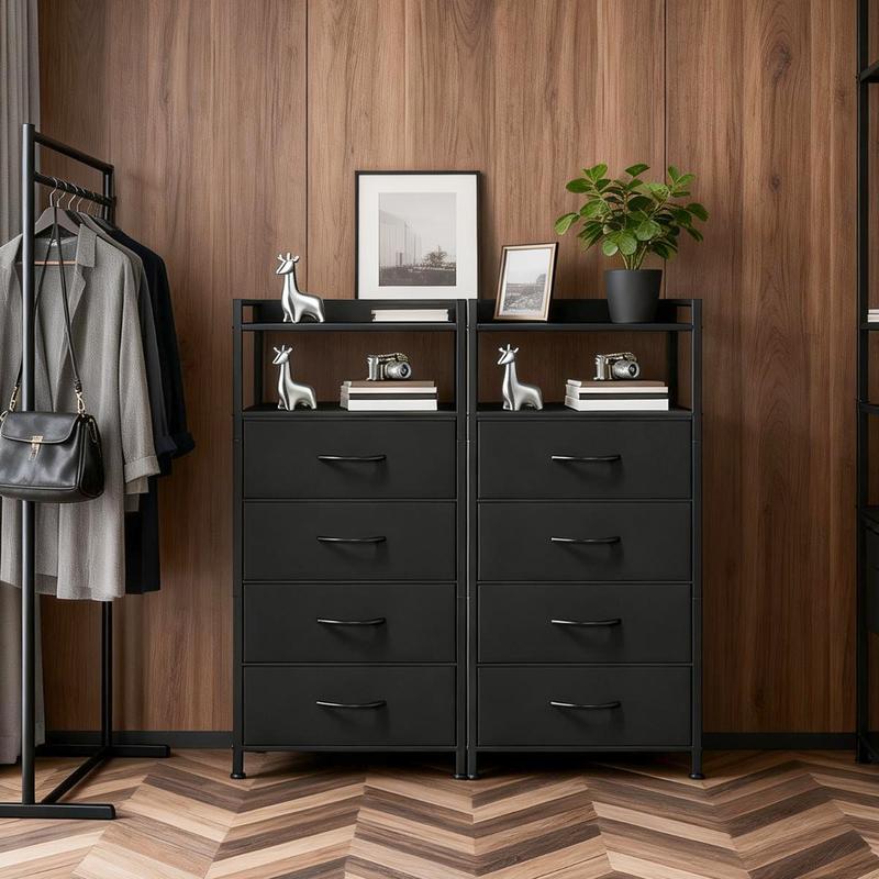 Bedside Table, Side End Table with 4 Fabric Storage Drawers, Bedside Cabinet with Open Storage Shelf, Nightstand for Bedroom, Livingroom, Office, 41 * 29 * 83.5Cm, Black