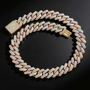 20mm Iced Out Tri Color Miami Cuban Chain Necklace Moissanite Rose Gold 18K Gold Plated Hip Hop Luxury Heavy Chain Jewelry Gift for Men