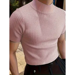 1pc Summer Casual Knit Polyester T-Shirt - High Neck, Skinny Fit, Short Sleeve, Solid Color, Slight Stretch Fabric, Pleated Detail, Pullover Placket - Comfortable Fashion for Everyday Wear Knitwear Menswear
