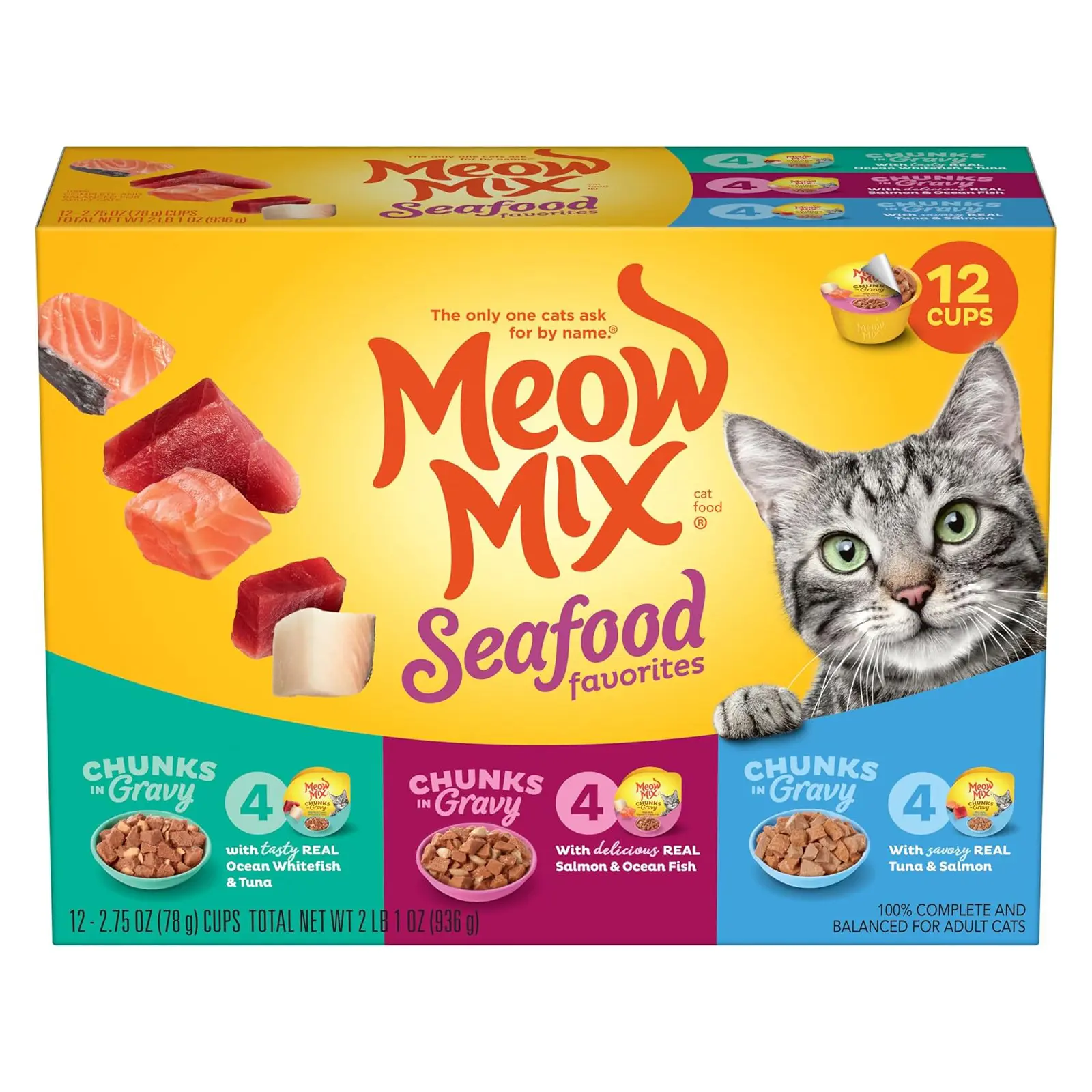 Meow Mix Seafood Favorites, Wet Food Variety Pack, 12 Cups