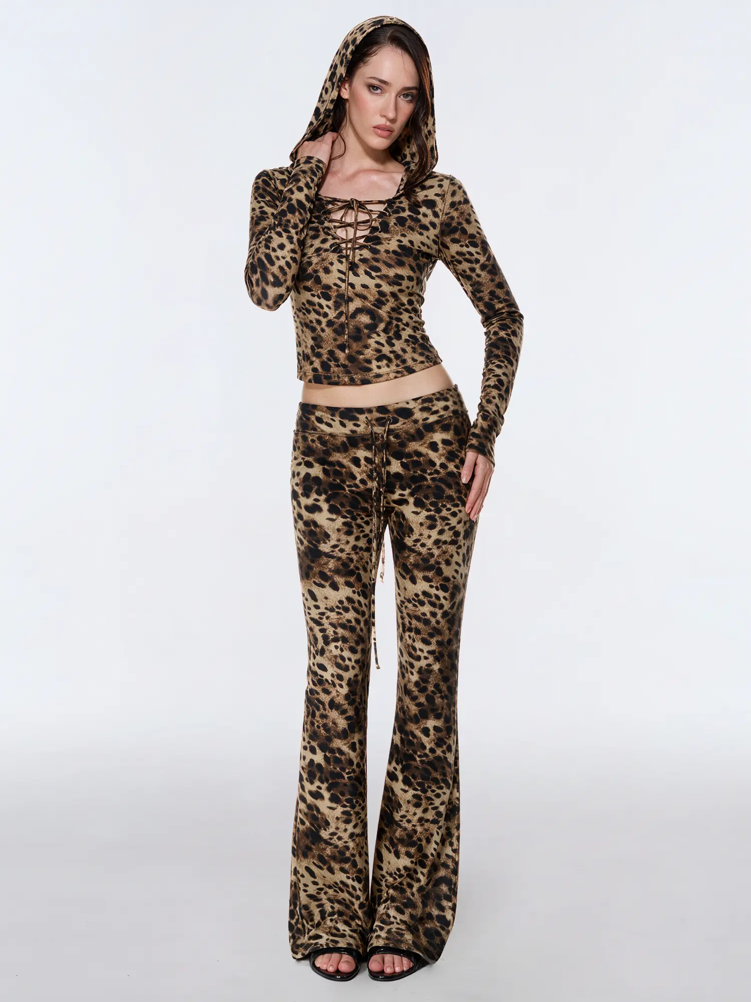 FDR Women’s Leopard Print Lace-Up Hoodie & Slim Fit Pants Set, Y2K Two-Piece Outfit with Bodycon Style for Casual Streetwear