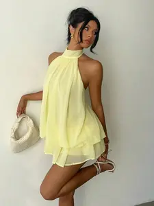 Women's Elegant Chiffon Cream Halter Mini Dress, Summer Party Dress, Wedding Guest Dress, Beach Vacation, Birthday Dress