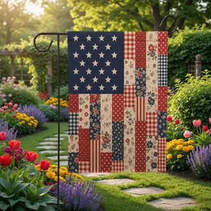 Vintage Patchwork American Flag, Rustic Americana Yard Sign, Primitive Patriotic Banner, Cottage Garden 4th of July Decor
