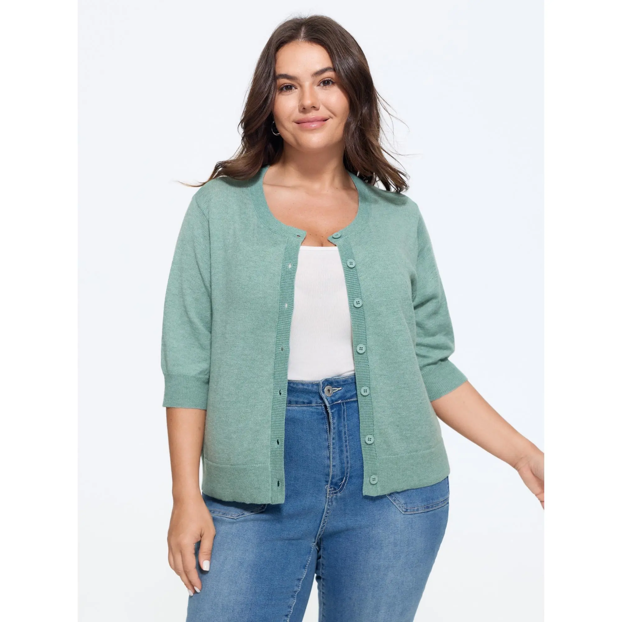 BLOOMCHIC Women's Plus Size Heather Knit Cardigan - Crew Neck, 3/4 Sleeve Knitwear Garment, Comfortable Fabric, Flattering Fit, Sizes M-6X, Summer Essential
