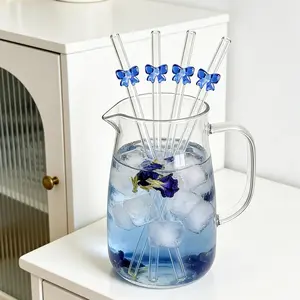 Cute Blue Bow Stuff Glass Drinking Straws,For Water Cup,Reusable Bent Clear Thick Glass Straw Cutlery Set,For Kitchen Accessaries,Straw Topper,Cold Drinks,Milk Tea,Coffee,Juice,Smoothies,Dr Pepper,Home,Restaurants,Hen Party Supplies，Wedding,Cocktai