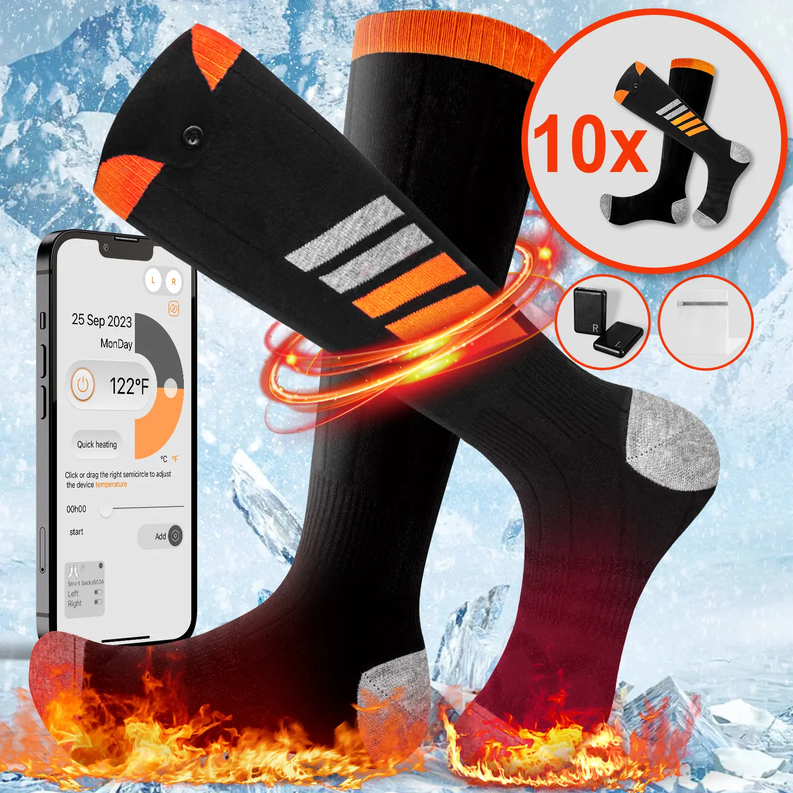 5 Sets Unisex Heated Socks - 5x5000mAh Fast Heating, 10 Pairs Socks & 5 Power Banks Included | APP Remote Control Rechargeable Electric Heated Socks for Men & Women - Toe & Foot Warmer, Ideal for Outdoor Sports & Snow Mountains