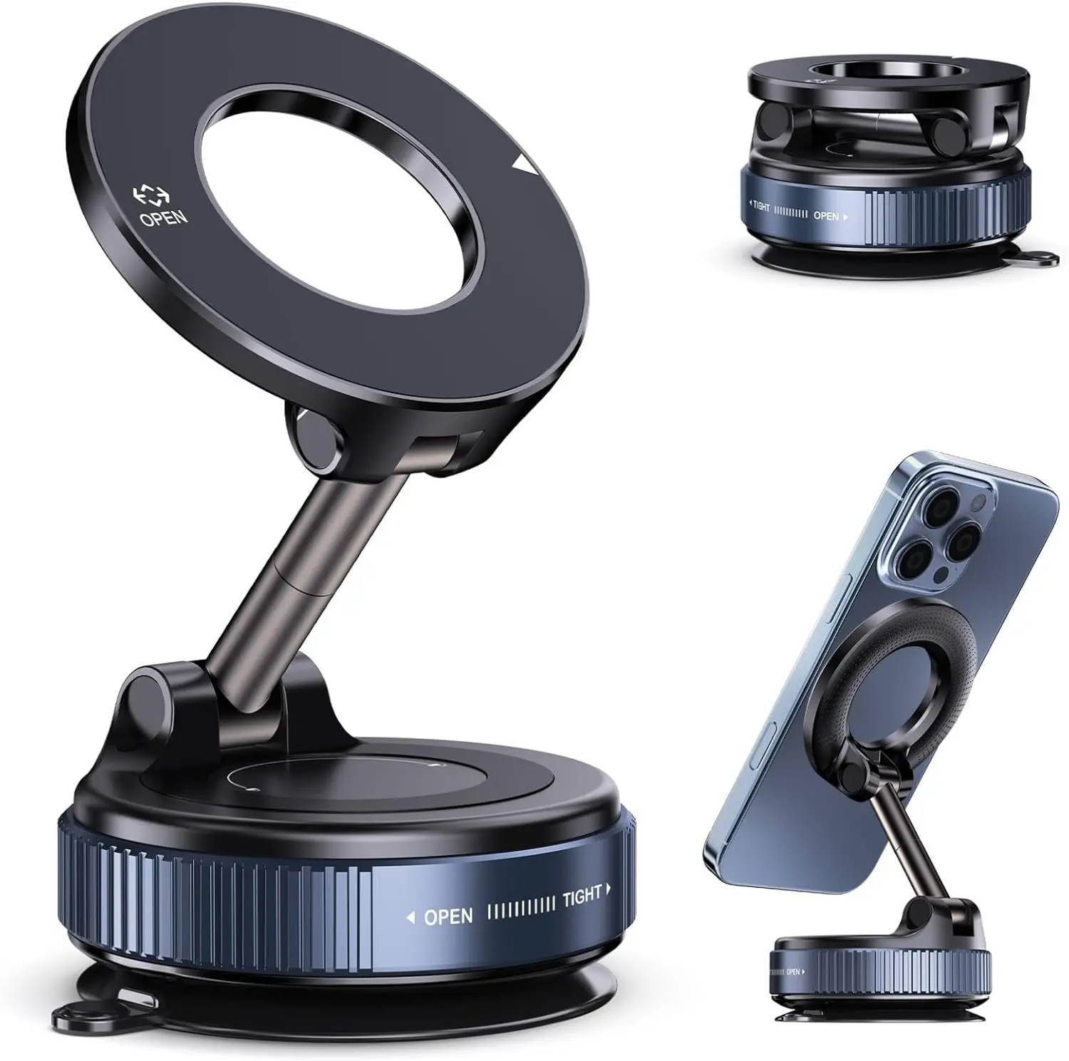 Upgraded Universal Fit Magnetic Phone Mount, Unpowered Car Holder with 360° Rotatable, Adjustable, Foldable Design, Vacuum Suction & Driving Noise-Free Solution