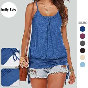 Imily Bela Women Summer Tank Tops Casual Spaghetti Strap Banded Bottom Loose Camisole Side Shirring Lace Up Shirts