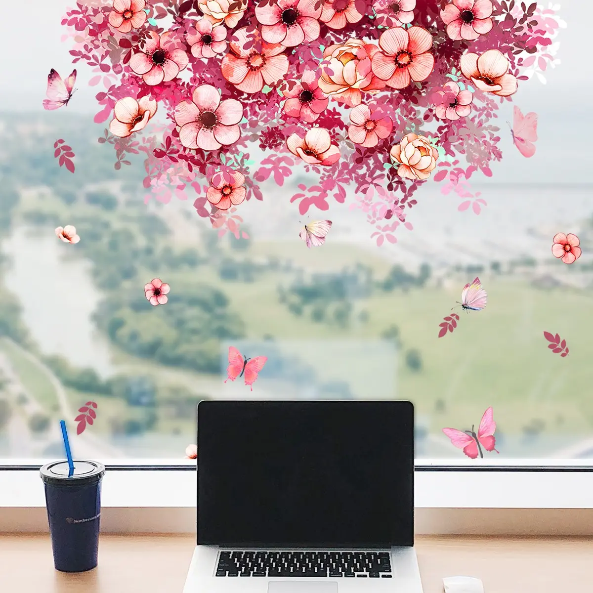 One Set (30*40cm*2pcs) Blooming Floral Butterfly Window Stickers, Self-Adhesive Glass Decals for Home Window Decoration