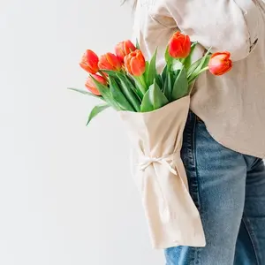 Market Tote For Flowers in Natural Canvas with Carrying Strap and Tie Floral Bouquet Gift Bag Handmade in USA by BouqBags