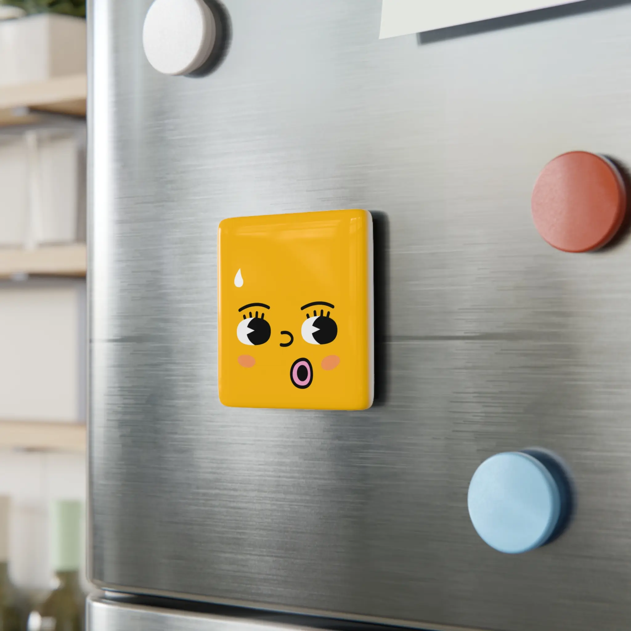 Ceramic Refrigerator Magnet, Square Novelty Yellow Surprised Expressive Face, Accurate Printing, Reflective Glossy Magnetic Porcelain, Playful Look Home Decor Accessory, 2 In