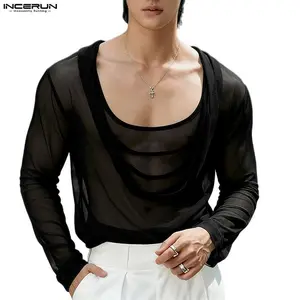 INCERUN Men's Mesh See-Through Long Sleeve Rave Coquette Festival Shirt