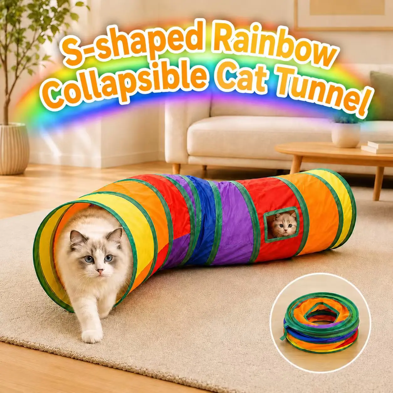 S-Shape Rainbow Cat Tunnel Foldable Multi-Functional Cat Passage Self-Amusement Stress Relief Calming Energy Consuming Cat Hole Toy,Cats and Rabbits Interactive Training Play Tube or Tunnels - Perfect for Exercise and Playtime
