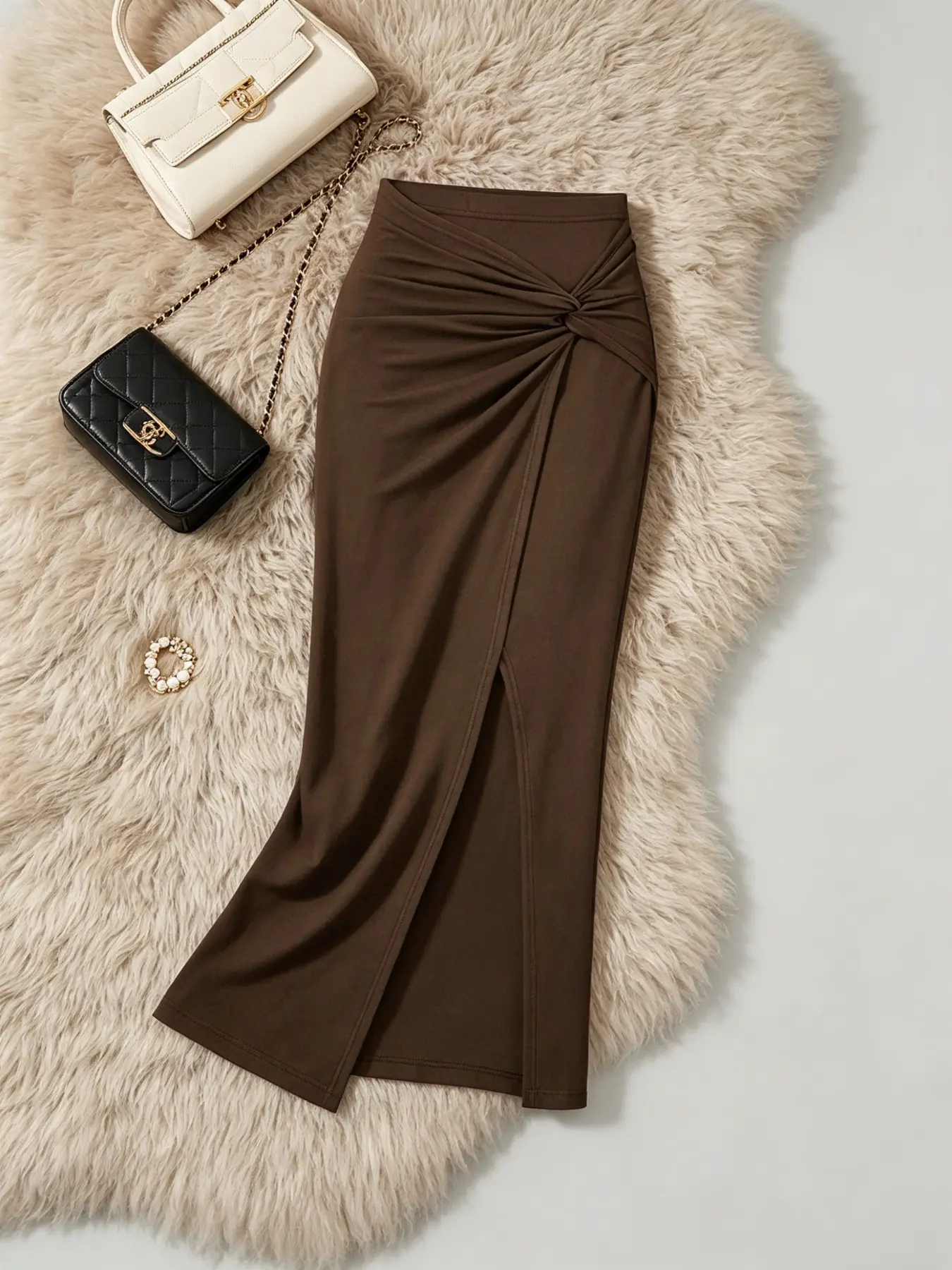 High-Waisted Mermaid Midi Skirt, Basic Solid Fish-Tail Skirt with Side Slit & Knot Detail, Slimming Bodycon Casual Elegant Chic Style Women