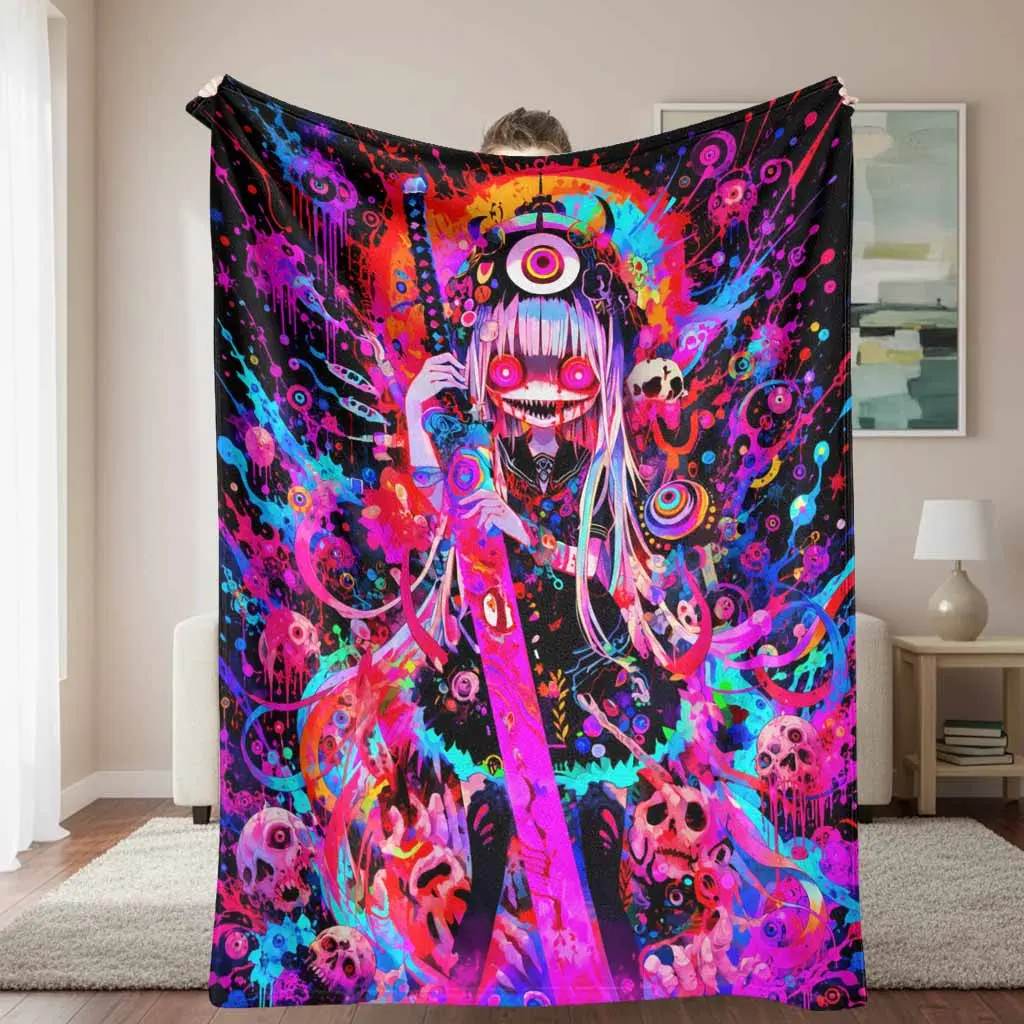 Psychedelic Samurai Girl Flannel Throw Blanket - Bold, Novelty Neon Ink Art Print, Soft, Warm, Lightweight, Breathable, Wrinkle Resistant, Durable Indoor/Outdoor Decor for Travel, Bedroom Gift