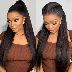 Bling Hair Pre-Cut 360 Full Lace Glueless Kinky Straight Invisi Strap Human Hair Wigs Yaki Straight 360 Lace Frontal Wig Drawstring Snug Fit Glueless Wigs