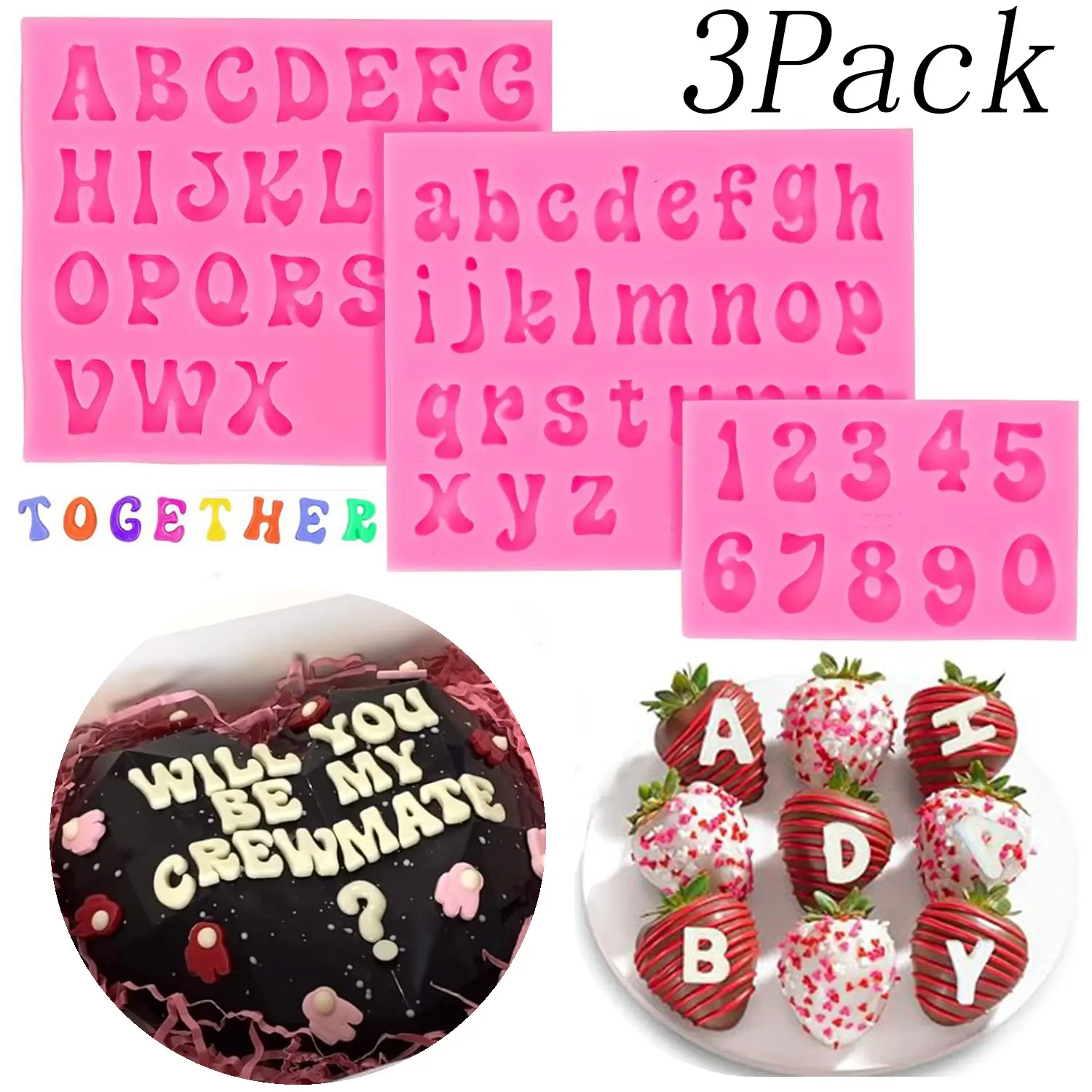 3 Pack Silicone Letter and Number Molds for Chocolate Strawberries,Valentine's Day DIY, Non-Stick and Easy Release,Ideal for Cake Decorating, Baking and Desserts