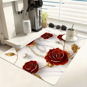 Multifunctional Kitchen Bar Coaster, Elegant Rose Print Rubber Mat, Easy Clean, Waterproof, Non-Slip, Durable, Ideal for Home Decor