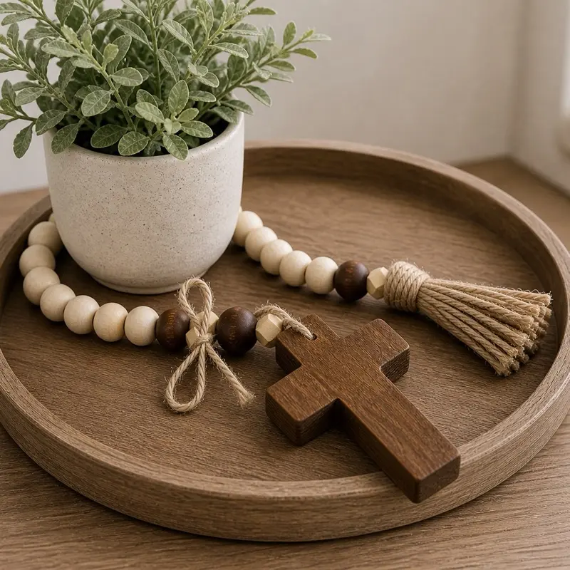 Grounded in Grace Beaded Garland Cross, Religious Wood Decor,