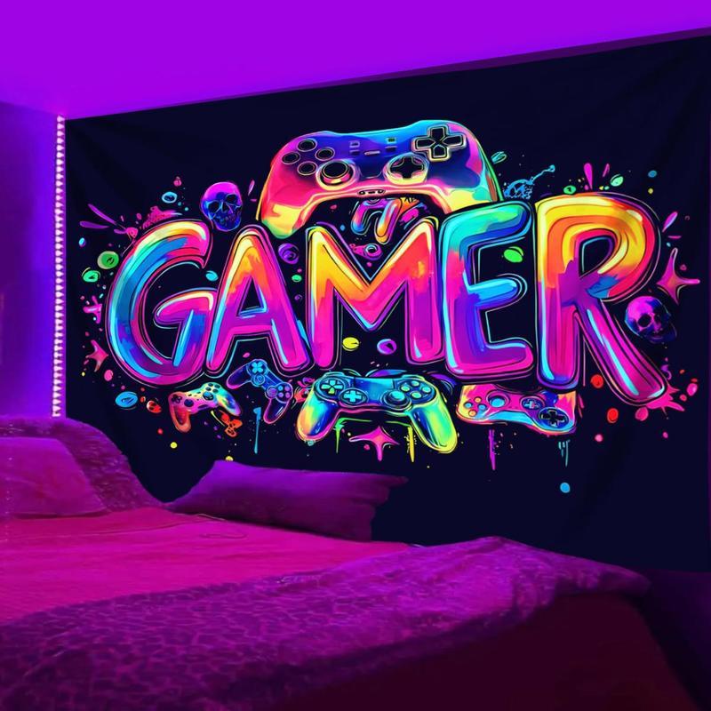 Game Controller Pattern Tapestry, UV Reactive Black Light Tapestry, Game Controller Neon Light Effect Wall Hanging, Bedroom Aesthetic Art Decoration Wall Tapestries