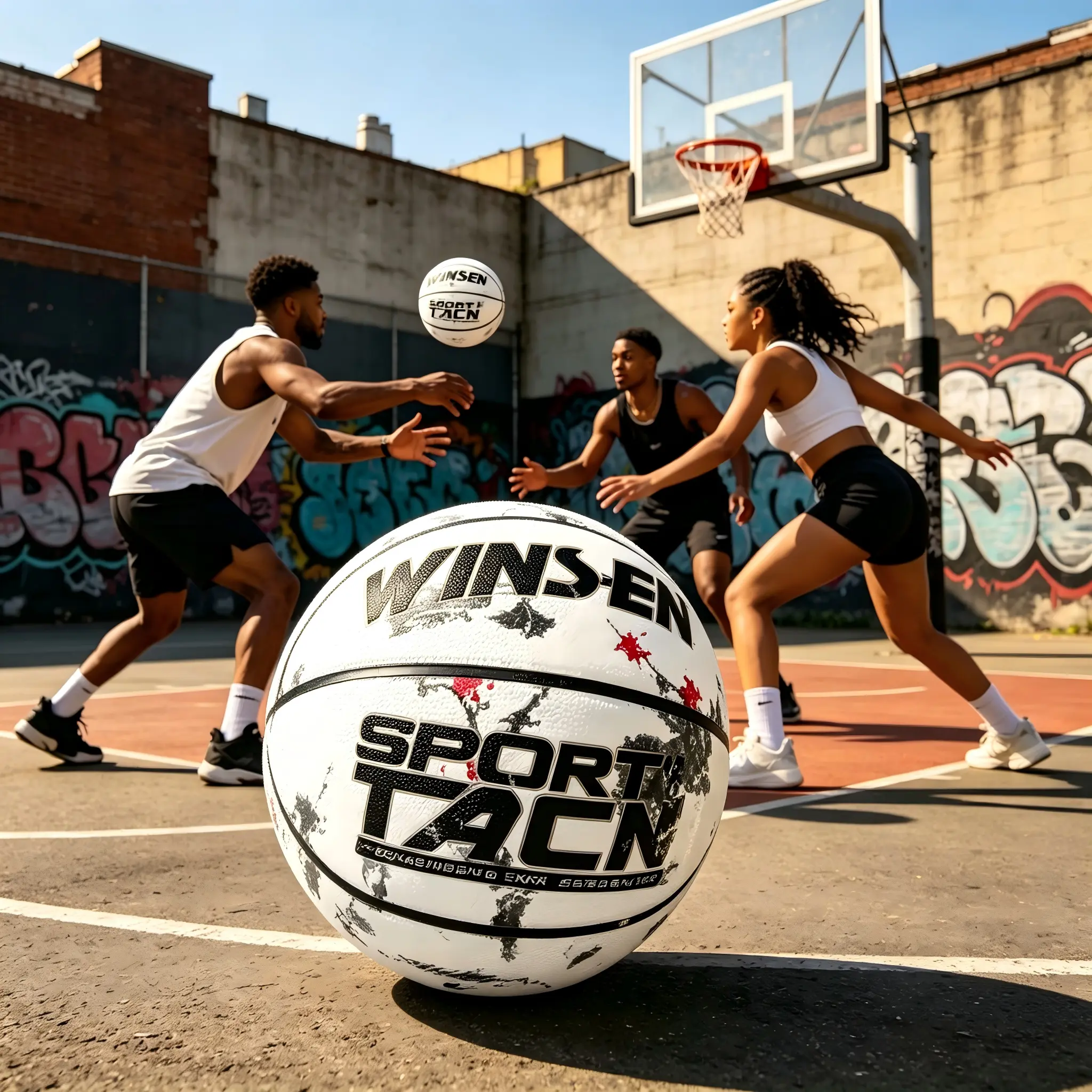 Premium White Graffiti Sport TACN Basketball Wear Resistant Deep Channel Seams Good Bounce Professional Streetball Backyard Park Pickup Game Ball Gift for Basketball Lovers