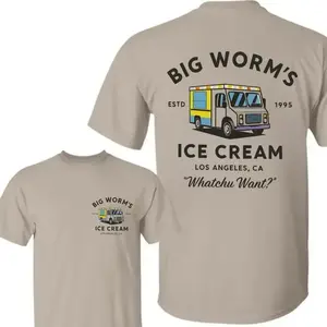 Vintage Ice Cream Truck Graphic Tee, Fun Streetwear for Casual Summer Vibes, Big Worm's 2 Side T-Shirt from Los Angeles, Perfect for Daily Wear	 - KitchenEra