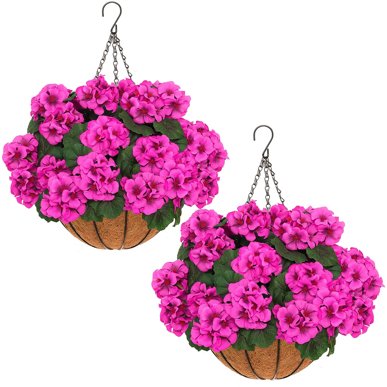 2Pcs Coconut Fiber Hanging Baskets with 12 Bundles UV-Resistant Pink Artificial Geraniums - 11.8" L x 11.8" W x 19.7" H, Non-Fading, All-Weather Durability, Quick Assembly, No Maintenance, Outdoor Decor for Front Door & Porch, Effortless & Quick Assembly