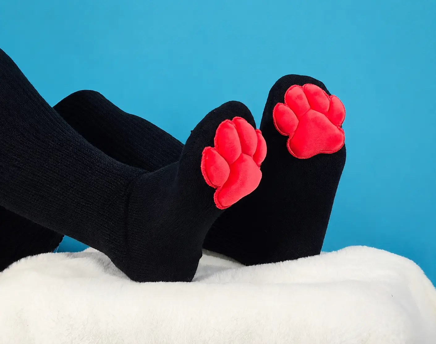 Paw Pad Socks Red Plush On Black Thigh Highs Furry Anthro