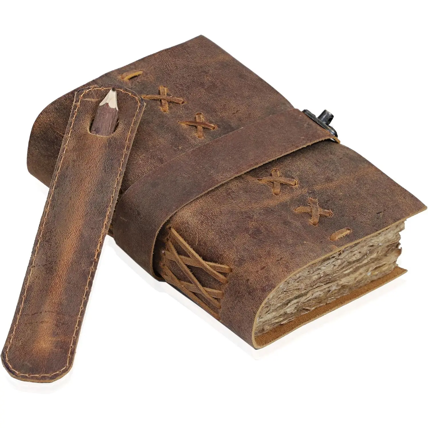 Rustic Brown Leather Bound Journal - Antique Bras Lock Closure, Belt Wrap Around, 200 Antique Deckle Edge Handmade Pages - for Teen Girls, Boys, Cherished Grandparents
