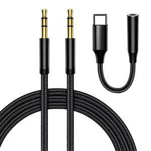 3.5mm Audio Cable Male to Male,with Type C to 3.5mm Female Jack Adapter,Audio Auxiliary Input AUX Cord Nylon Braided for Headphones,Car,Home Stereos,Speaker,iPhone,iPad,iPod,Echo–Black