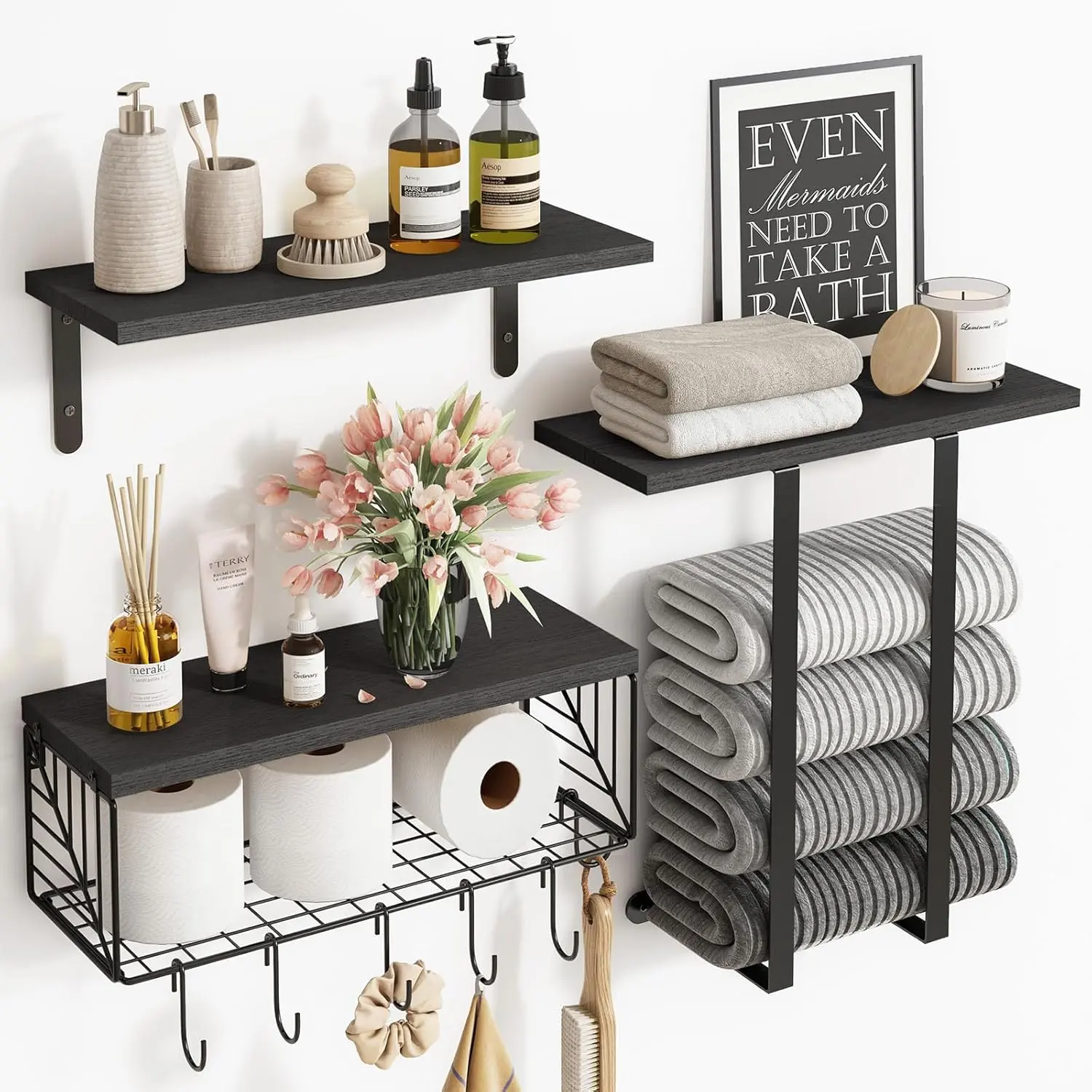 Black Bathroom Floating Over-Toilet Wall Shelves Set with Towel Storage Rack, Home Decor, Bathroom Decor, Household Items, Organizer Storage, 2-Rustic Brown