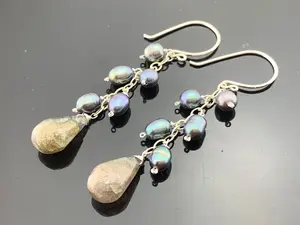 Labradorite & Peacock Pearls · Long Cascade Earrings · 925 Sterling Silver · Iridescent Gem Gift · Handmade for Her