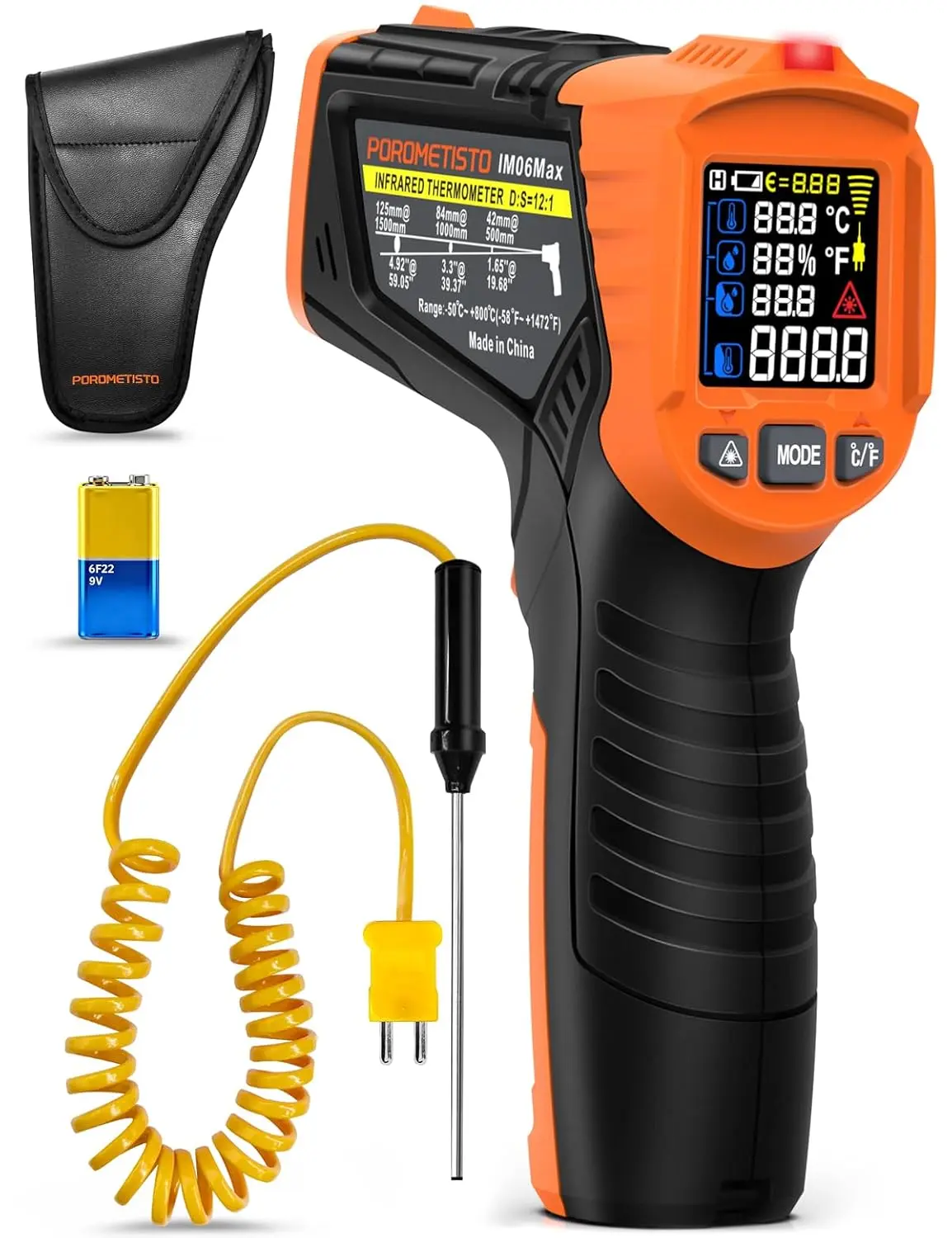 POROMETISTO IM06MAX 6-in-1  Temperature Gun,-58-1472°F Infrared/Ambient Temperature Measurement Infrared Thermometers,Industrial Laser Thermometer Gun with 4 in 1 High/Low Temperature meter Alarm Setting