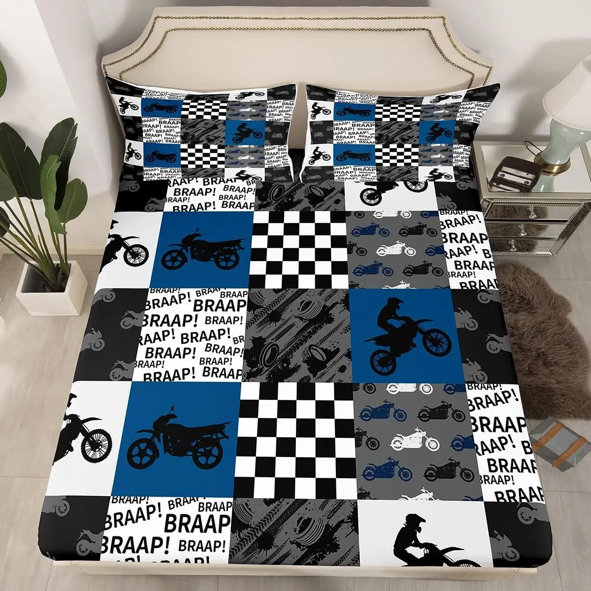 Dirt Bike Fitted Sheet Black Grey Blue Motocross Rider Bedding Set Men Bedroom Racing Themed Patchwork Grid Deep Pocket Sheet Fashion Motorcycle Silhouette Bed Sheet