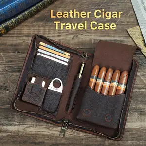 Multifunctional Genuine Leather Cigar Case with Cutter Holder, Pen Slot, Card Slots, Zipper Closure, Vintage Style for Men