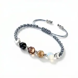 Witchy Natural Crystal Energy Bracelet - Moonstone, Obsidian, Smoky Quartz, Labradorite, Dark Gradient Beads, Soft Cord - Witchtok Everyday Wear Costume Jewelry for Clearing Negativity, Balancing Emotions