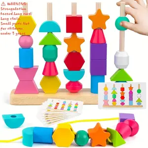 Wooden Bead Sorting Toy Set, Includes Stacking Blocks, Building Blocks, Stacker, Stringing Beads, Shape Matching, Shape Sorter, Stem Preschool Toy, Christmas & Halloween Gift, Random Colors