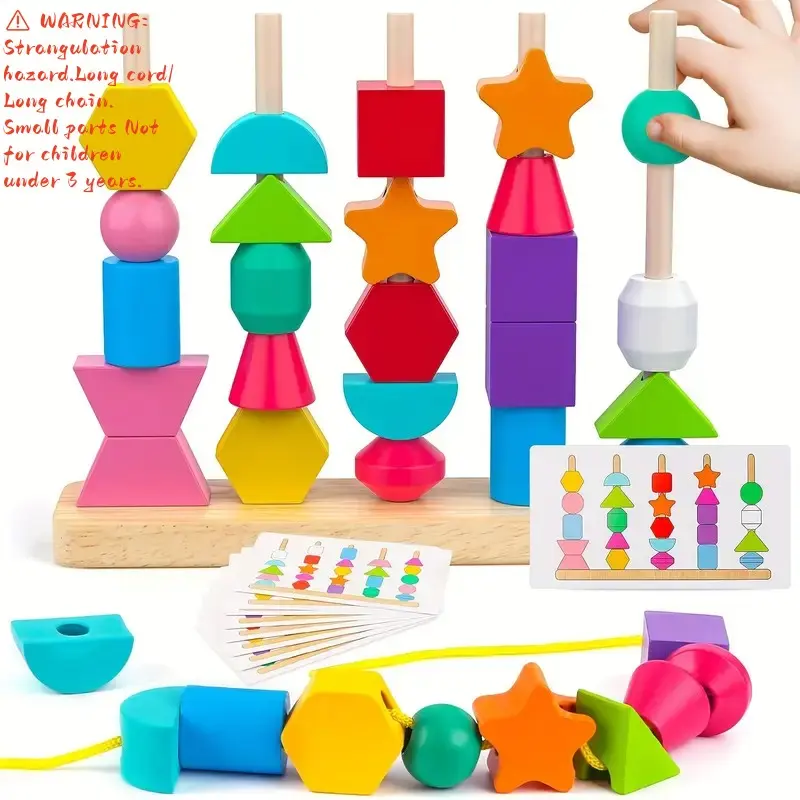 Wooden Bead Sorting Toy Set, Includes Stacking Blocks, Building Blocks, Stacker, Stringing Beads, Shape Matching, Shape Sorter, Stem Preschool Toy, Christmas & Halloween Gift, Random Colors