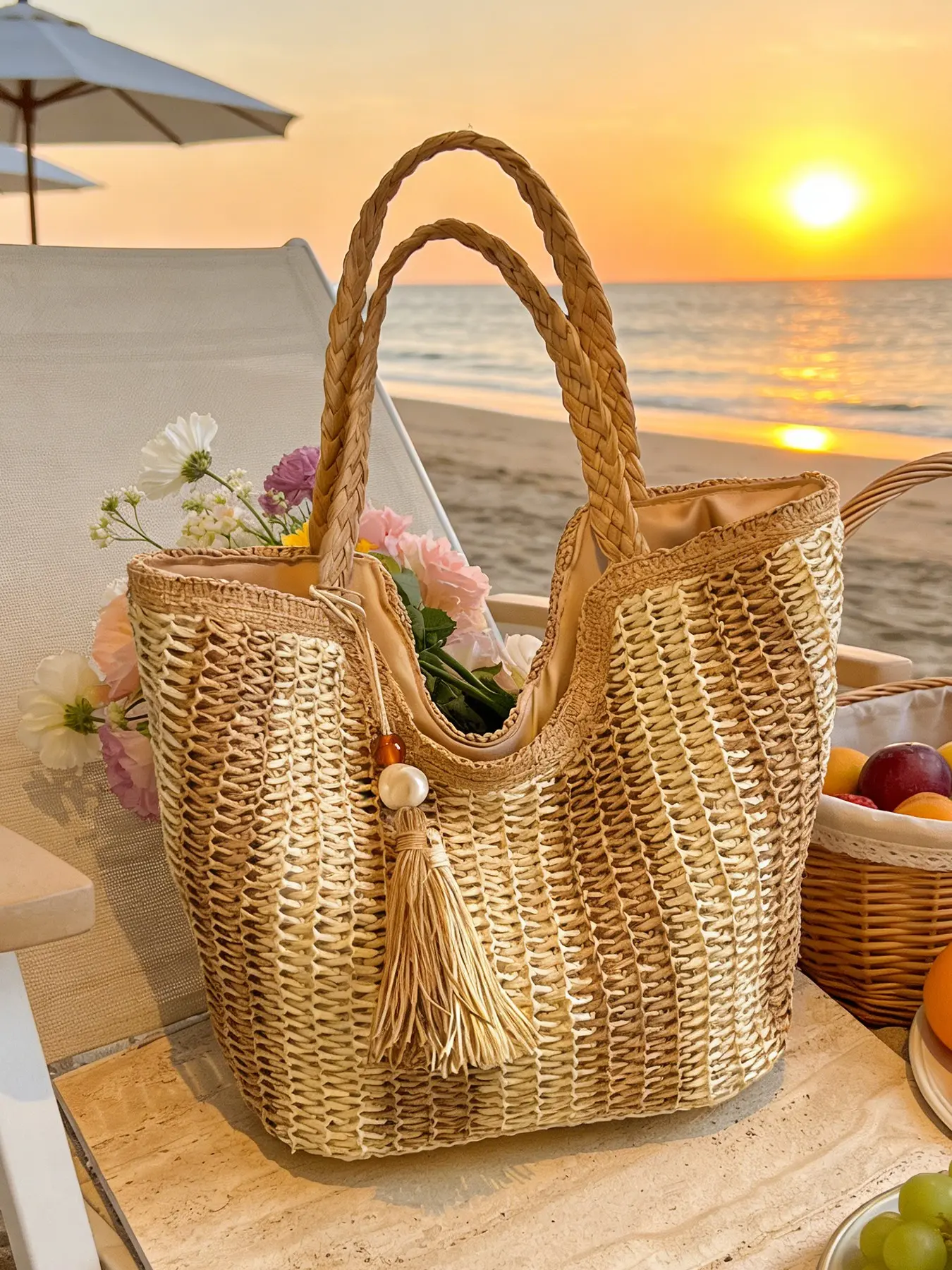 Vacation style retro striped color blocked grass woven tote bag, Straw Boho Bag, Casual Trendy Bag, fashionable and high-end minimalist casual large capacity portable shoulder bag, tassel pendant design, suitable for beach vacation and shopping