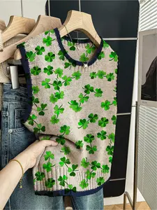 1 Piece Women's Loose Crew Neck Sleeveless Knit Top, Spring Summer Back to School Casual Style, Dark Blue Trim, Contrast Green Patchwork Leaf Print, For Daily & Outdoor Wear, Match with Vest, Round Neck, Womenswear