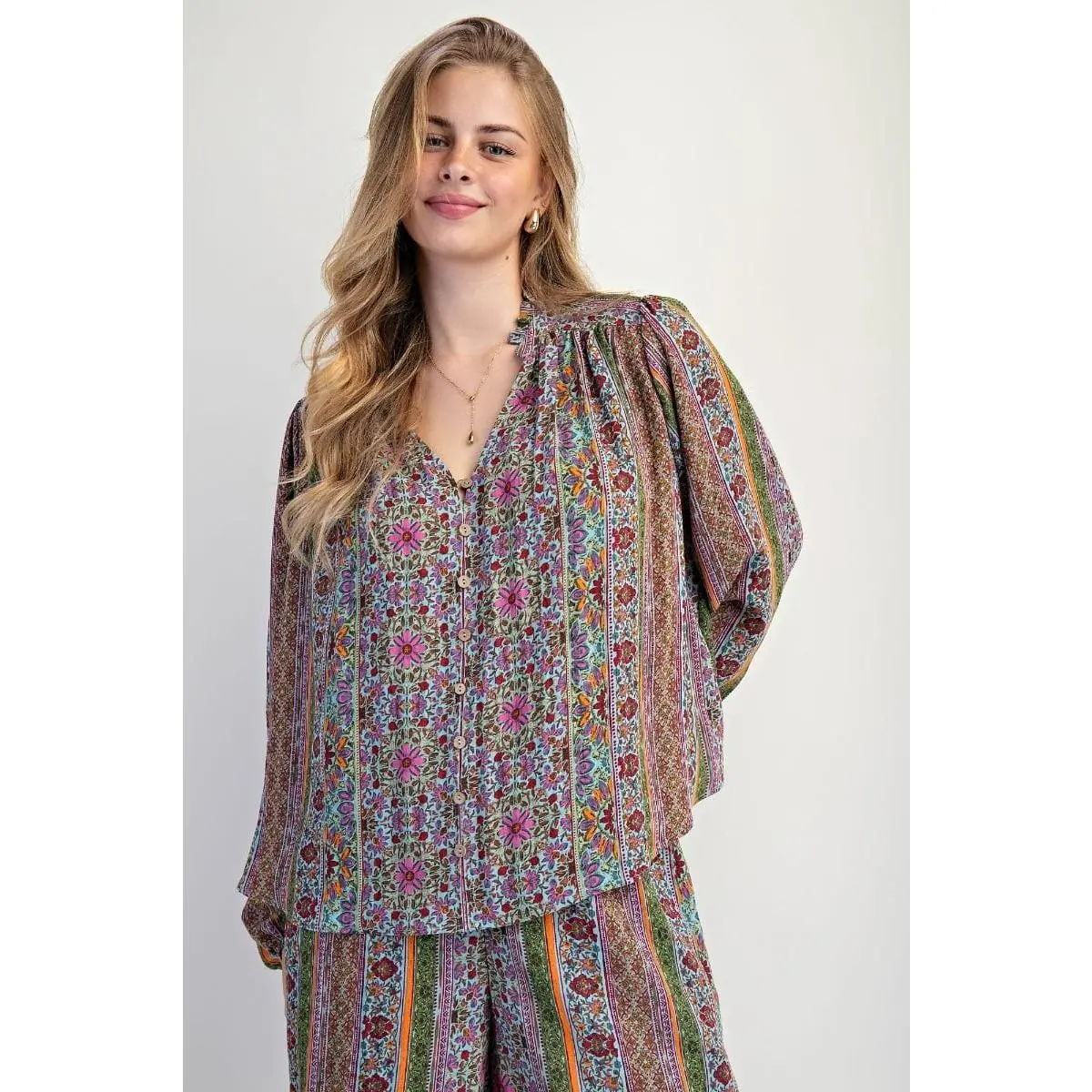 EASEL Women's Casual Nylon Lightweight Fabric Balloon-Sleeves V-Neck Button-Down Blouse - Multicolor Vertical Stripe Accented Floral Print Shirts