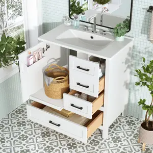 30"  Vanity  Sink Combination Set  3 Soft Close Drawers,  Storage Cabinet  Soft Close Door and Removable Tray, Solid Wood Frame, Faucet Not Include with bathroom