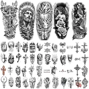 77 Sheets Christian Cross Temporary Tattoo for Women Men, 17 Sheets Half Arm Large Religious Jesus God Fake Tattoos, 60 Angels Black Christ Tiny for Adult Kids Body Tattoos Stickers Realistic