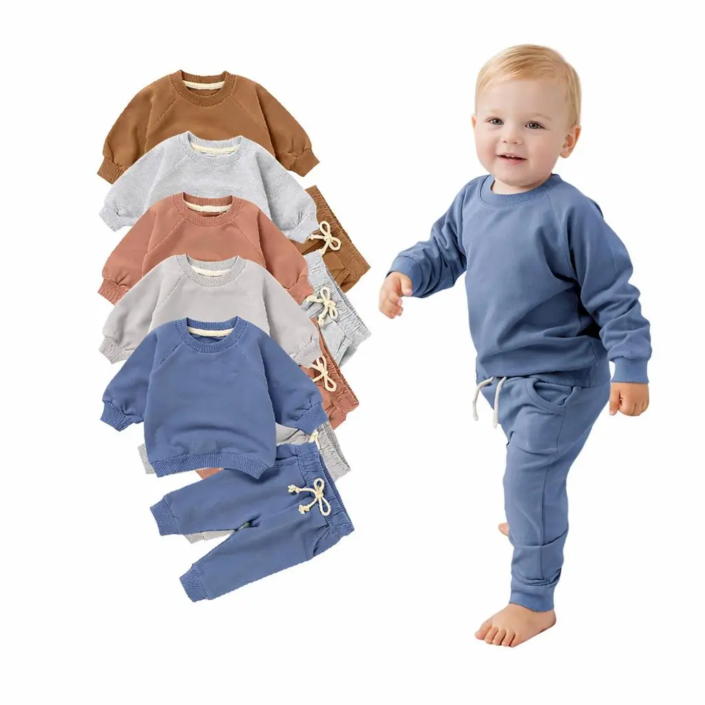 Organic Cotton Kids' 2-Piece Outfit Set - Long Sleeve Sweatshirt & Jogger Sweatpants, Solid Color Everyday Wear for Boys & Girls, 3M-4Y