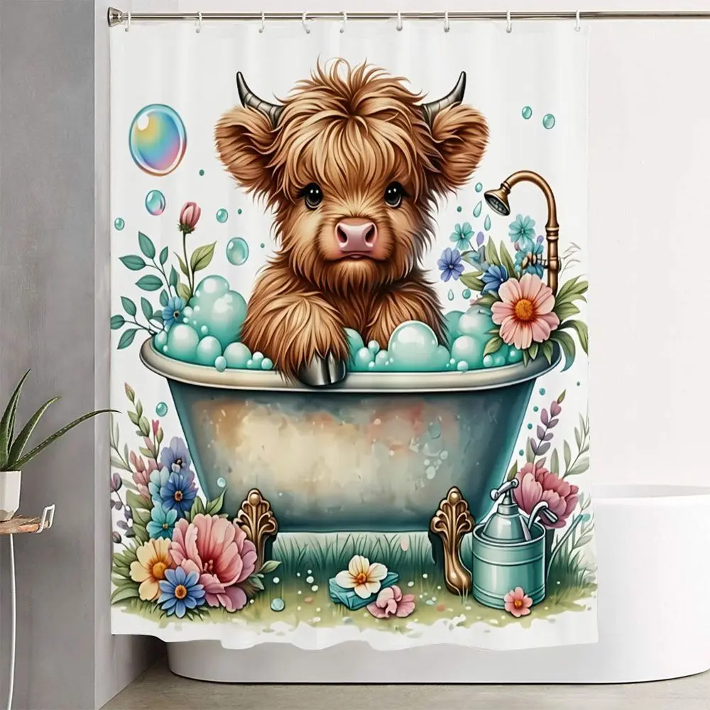 1/4pcs Whimsical Baby Highland Cow Bathroom Decor Set, Home Goods Bathroom Decoration Accessories - Vintage Teal Clawfoot Bathtub Shower Curtain, Matching Bath Mat, U-Shaped Toilet Mat, Toilet Lid Cover