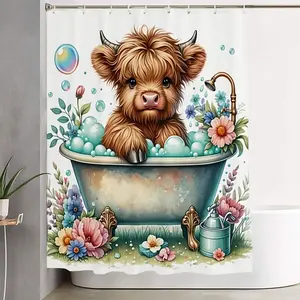1/4pcs Whimsical Baby Highland Cow Bathroom Decor Set, Bathroom Decoration Accessories - Vintage Teal Clawfoot Bathtub Shower Curtain, Matching Bath Mat, U-Shaped Toilet Mat, Toilet Lid Cover