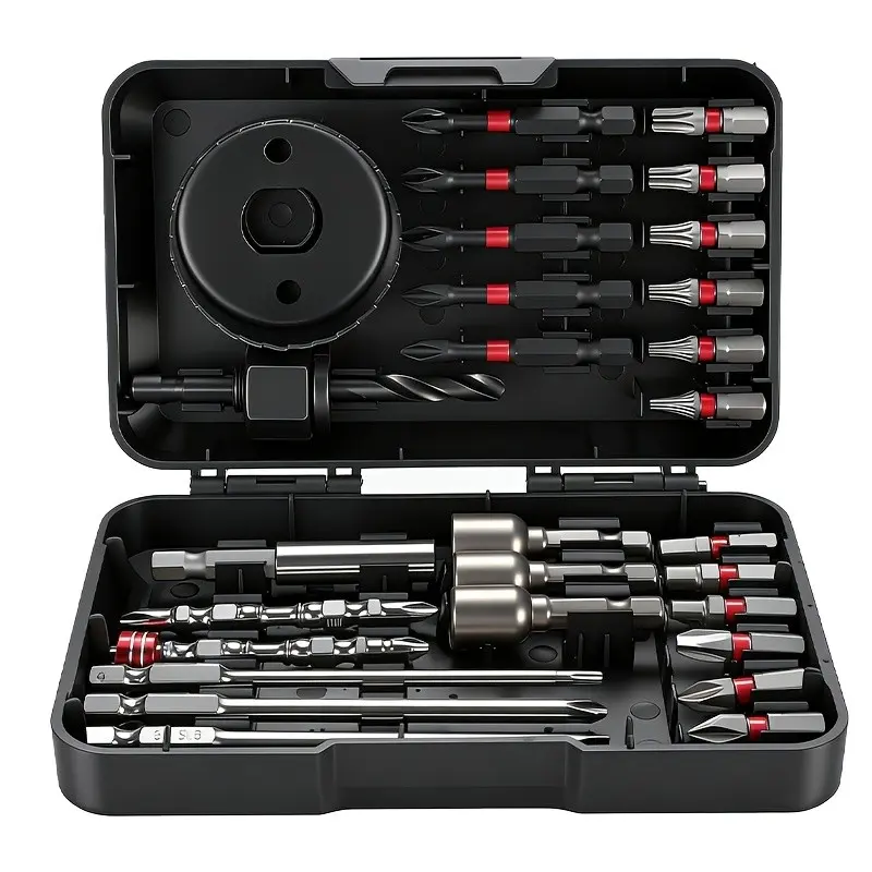 27Pcs Impact Screwdriver Bit Set with Hole Saw & Magnetic Nut Drivers, Industrial S2 Steel Anti-Slip Torsion Drill Bits, Universal 1/4" Hex Shank Screw Driving Kit
